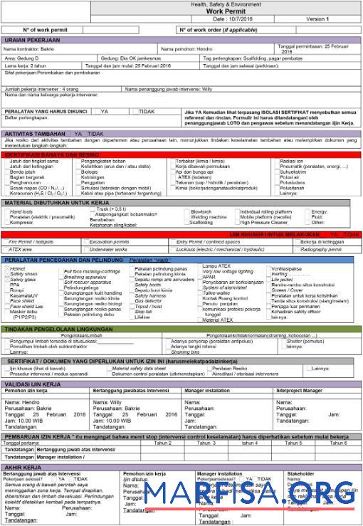 Downloadable Health, Safety & Environment work permit download for verification
